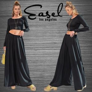 EASEL Loose Fit Wide Flared Leg Black Gauze Pants Trendy Casual Dressy Stretch